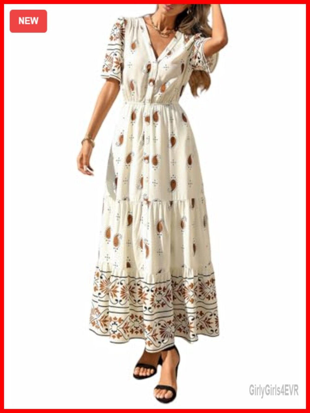 PRETTYGARDEN Womens Short Sleeve Boho Maxi Dress Floral V-Neck Flowy Summer